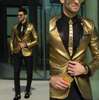 Novo ShiningTPSAADE Zlata Poroka Obleke za Moške Tuxedos Poceni Slim Fit Nevesta Nositi Najboljše Moške Obleke po Meri (Suknjič + Hlače)