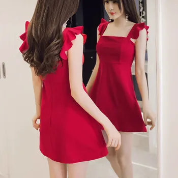 Obleka brez rokavov Ženske Backless Ruffles Trdnih Visoko Pasu Suh Slim Seksi Modni korejski Slog-line Elegancija Novo Zasnovan Trendy