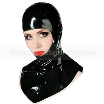 Obraz odprli črno dolgim vratom latex gume kapuco obleko seksi enotno customes masko z zip nazaj RLM247