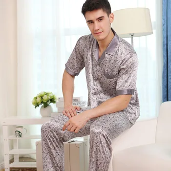 Odraslih Svile Sleepwear Moška Kratka Sleelve Homewear Moške Svile Latticed Pižamo moška Kratka Sleeved Svile Reverji Plus Velikost D-2185
