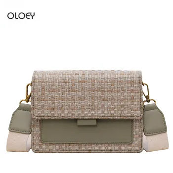 OLOEY Nove ženske široko naramnico torba Moda volne šivanje kontrast kvadratek vrečko Enostavno divje Messenger bag