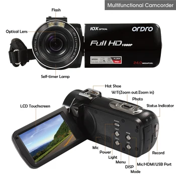 Ordro Z82 Kamere Vlog Video Kamera z Mikrofonom širokokotni Objektiv, 1080P Full HD, 10-KRATNI Optični Zoom, YouTube, Blogger