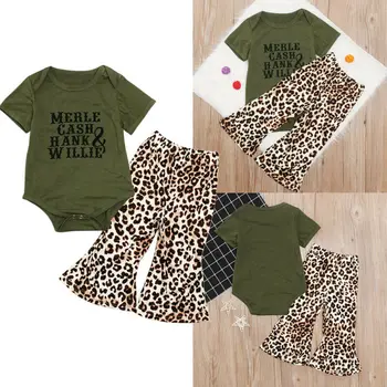 Otroci Dojencek Dekliška Oblačila T-Shirt Kratek Rokav Vrhovi Romper Leopard Tiskanja Hlače 2Pcs Določa