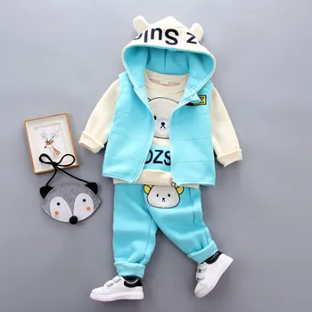 Otroci Oblačila Obleko Zimo korejski Fant Malčke Baby Obleko z Dolgimi Rokavi Top Hooded Zip Telovnik Hlače 3pcs Malčka, Dekleta, Otroci, Oblačila