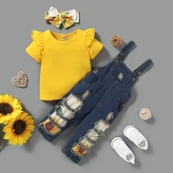 Otroška Oblačila 12 Mesecev Dekleta Toddlers Poletje Boutique Obleke Rumene Hlače Rokavi T-shirt Sončnično Suspender Jeans Hlače