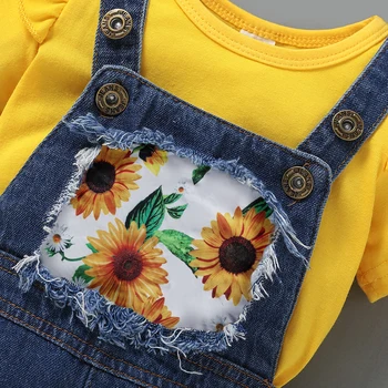 Otroška Oblačila 12 Mesecev Dekleta Toddlers Poletje Boutique Obleke Rumene Hlače Rokavi T-shirt Sončnično Suspender Jeans Hlače