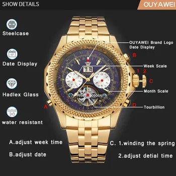 OUYAWEI Mens Zapestne Ure Top Moda Luksuzne blagovne Znamke Moških Tourbillon Watch Automatic Mehanski Moških Zlato Zapestje Gledati Relojes