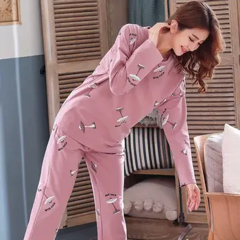 Pajama Določa Dolgimi Rokavi Ženske Jeseni Sleepwear Natisnjeni Svoboden Korejskem Slogu Trendy Elegantno Preprost Ženska Pižame Vrhnja Oblačila Za Prosti Čas
