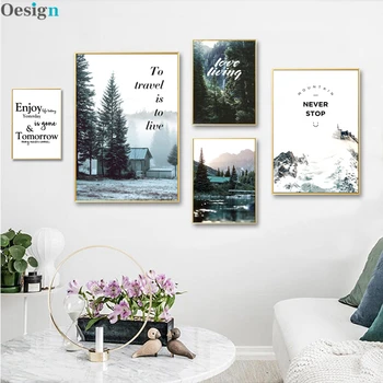 Pinturas de montanha de neve na parede, lago, floresta, casa, posteres e impressões, imagem par decoração de sala de estar, pin
