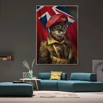 Platno, tisk Mačka v vojaško uniformo Plakati Anthropomorphic živali sliko Sodobne umetnosti dnevna soba Dekorativne Slike