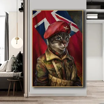 Platno, tisk Mačka v vojaško uniformo Plakati Anthropomorphic živali sliko Sodobne umetnosti dnevna soba Dekorativne Slike