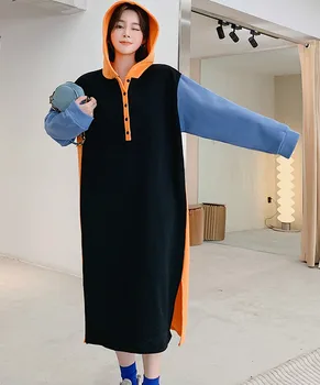 Plus Velikost Hoodies Majica Obleka Ženske Jeseni Ulični Stil Modni Mozaik Hit Barve Split Žamet Dolge Ravne Obleko 2020