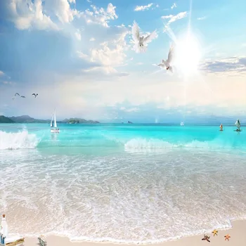 Po meri Foto Ozadje 3D Modro Nebo In Beli Oblak Plaži Seascape Freske Dnevna Soba, TV, Kavč Hotel v Ozadju Stene Slikarstvo 3 D