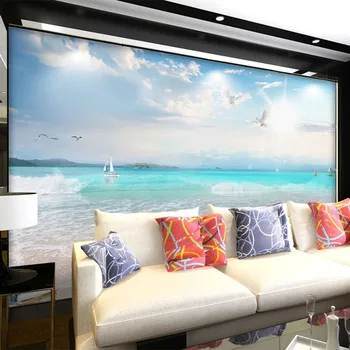 Po meri Foto Ozadje 3D Modro Nebo In Beli Oblak Plaži Seascape Freske Dnevna Soba, TV, Kavč Hotel v Ozadju Stene Slikarstvo 3 D