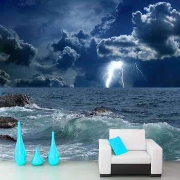 Po meri Foto Ozadje 3D Oceanskih Valov Strele Temen Oblak Krajine Zidana Ozadje, Dnevna Soba, Spalnica De Papel Parede 3D