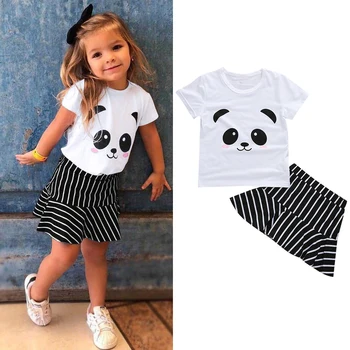 Poletje Baby Girl Obleke Kratek Rokav Risanka Panda Natisniti Tee Vrhovi Priložnostne T-Shirt+Črtasto Krilo Ruffles Lep Roupa Menina