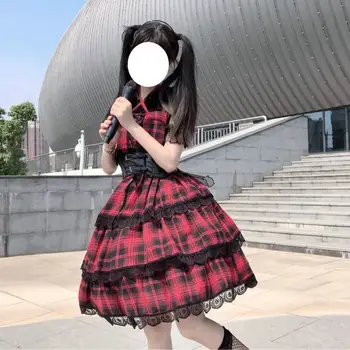 Poletje Japonski Gothic Lolita Jsk Obleka Ženske Viktorijanski Letnik Cosplay Punk Lolita Kostume Pravljice Kei Srednjeveške Obleke Kariran