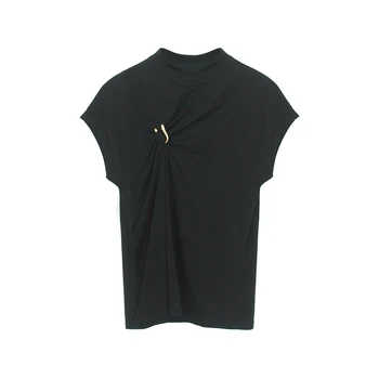 Poletje Nove majice Trdna Črno Bel Bombaž za Ženske francoski Design Broška brez rokavov Svoboden T shirt Urad Dame Vrhovi
