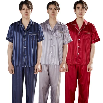 Poletje Saten Svila Pižamo Nastavite Moških Trak Kratek Rokav Sleepwear Solid Blue Pijamas Hombres More Homewear Za Moški Pj Set