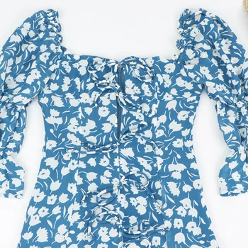 Poletje Ženske priložnostne midi obleko cvet tiskanja lok dekoracijo Slim obleko Split vestido Letnik Modra Elegantno Center Povoj Obleke