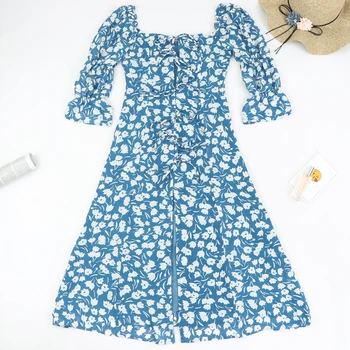 Poletje Ženske priložnostne midi obleko cvet tiskanja lok dekoracijo Slim obleko Split vestido Letnik Modra Elegantno Center Povoj Obleke