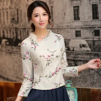 Polmeseca Ovratnik Shirt Vrhovi Mujer Camisa Žensko Bluzo Tradicionalni Kitajski Ženska Bombaž Perilo Clothings Velikost S M L XL XXL
