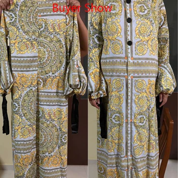Pomlad Jesen Afriške Obleko za Ženske Plus Velikost Dolgimi Rokavi, okoli Vratu Dolžina Tal Luksuzni Ženske Bogato Bazin Zlati Tisk Obleko