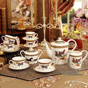 Porcelan kavni set kosti kitajske bog konji design oris v zlato 15pcs Evropske nastavite čaj aparat lonec kave jug skodelica krožnik set
