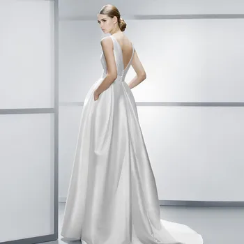 Preprosto-line Backless high-end Poročno obleko saten svila kažejo, tanek žep nove Evropske in Ameriške Elegantne poroka obleke