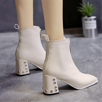 Priljubljena zimske ženske' kvadratnih stiletto gleženj škornji 2018 brigham boot ženske čevlje Edinstveno in elegantno Evropske Ameriški stil