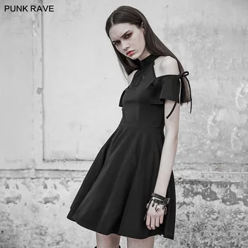 Punk Rave Priložnostne Black Gothic Letnik A-Line Seksi brez naramnic Šolskih Ženske obleke OPQ313
