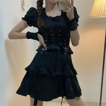 QWEEK ženski Gothic Lolita Obleko Goth Punk Gothic Harajuku Center Goth Style Povoj Črno Obleko Puff Rokav Obleko Emo Oblačila