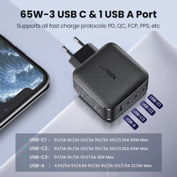 Razhroščevalne simbole Polnilnik USB GaN 65W Hitro PD Polnilnik 4 Port USB C Polnjenje Hitro 4.0 30 za Huawei Xiaomi iPhone Zvezek PD Polnilnik