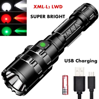 Rdeča/Zelena/Bela Svetloba najmočnejša LED Taktična Svetilka Ultra Svetla USB Polnilne Vodotesno Svetilko 5 Načini Lova Svetlobe