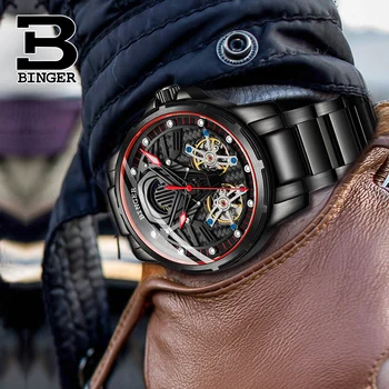 Resnično Švica BINGER blagovne Znamke Moških watch mehanski avtomatski Self-veter nepremočljiva polno jeklenih moški Svetlobna Dvojno Tourbillon