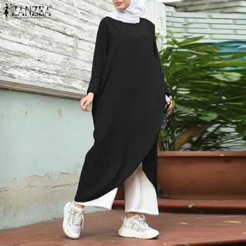 Retro Muslimansko Obleko Ženske Asimetrični Sundress ZANZEA 2021 Priložnostne Dolg Rokav Maxi Vestidos O Ženski Vratu Islamske Haljo 5XL