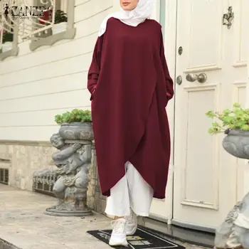 Retro Muslimansko Obleko Ženske Asimetrični Sundress ZANZEA 2021 Priložnostne Dolg Rokav Maxi Vestidos O Ženski Vratu Islamske Haljo 5XL