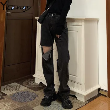 Ripped kavbojke za ženske plus velikost 5XL visoko pasu mama kavbojke letnik Black traper hlače Celotno Dolžino hlač Harajuku Votlo Luknjo Ven