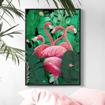 Risanka Cvet Flamingo, Zelena Rastlina, Nordijska Plakatov In Fotografij Wall Art Platno Slikarstvo Stenske Slike Za Otroško Otroci Soba Dekor