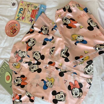 Risanka Mickey Mouse Ledu Svileno Pižamo Ženske Svile Seksi Tanke Oddelek River Jopico Kratek Rokav Hlače Pajama Domov Storitev Obleko