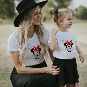 Risanke Disney Mickey Mouse majica s kratkimi rokavi Ženske Harajuku Srčkan Kawaii Poletje Priložnostne Družino Videz Obleke Moda Otroci Vrhovi