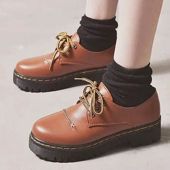 Rjava oxfords čevlji ženske priložnostne platformo dame oblačenja derby brogue prosti čas obutev za hojo študent čevlji Japonskem slogu