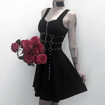 Rosetic 2021 Punk Letnik Gothic Obleka Ženske Priložnostne Poletje Linije Seksi Suspender Obleke Visoko Pasu Goth Povoj Backless Črna