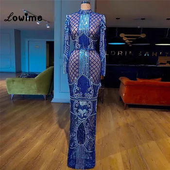 Royal Modra Dolgimi Rokavi Ženske Večerne Obleke Arabski Afriške Stranka Obleke 2018 Haljo De Soiree Couture Posebne Tkanine Dubaj Obleke