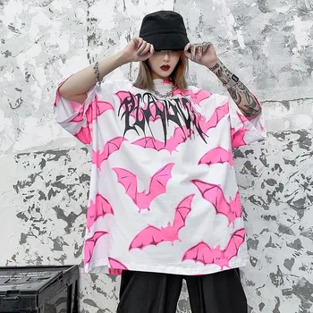 Roza Bat Grafični Tees Ženske Punk Majica Gothic Prevelik TShirt Ulične Poletje Goth Oblačila Oversize Tshirt 2021 Moda Vrh
