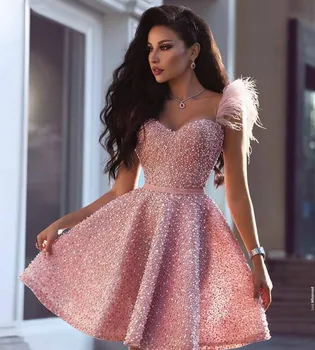 Roza Luksuzni Cocktail Obleke 2020 Kratek Prom Oblačenja Kristalno Perje, Bleščice Ples, Halje, Ženske Novo Elegantno Obleko Diplomi