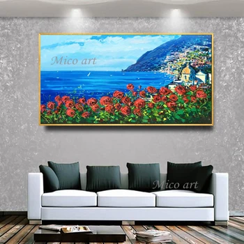 Ročno sestavljen oljna slika, lepo modro nebo in sredozemlja krajinskega slikarstva na platnu dnevna soba