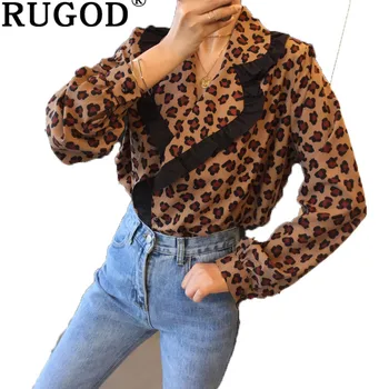 RUGOD Moda Globoko V-Neck ženske Majice Priložnostne Leopard, Tiskanje Dolg rokav Lady Urad Bluze vrhovi eleganten stranka bluzo femme
