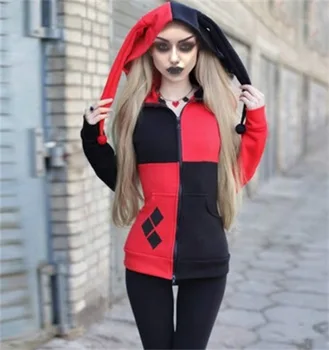 Samomor Moštva Harley Quinn Joker Cosplay Hoodie Suknjič Odraslih Dekleta Halloween Šivanje Hooded Klovn Pulover Zadrga Jakno Rdeče