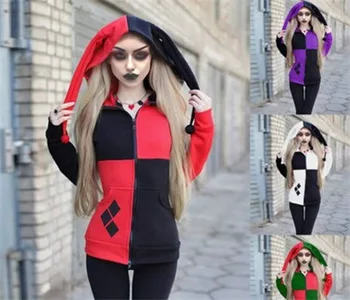 Samomor Moštva Harley Quinn Joker Cosplay Hoodie Suknjič Odraslih Dekleta Halloween Šivanje Hooded Klovn Pulover Zadrga Jakno Rdeče